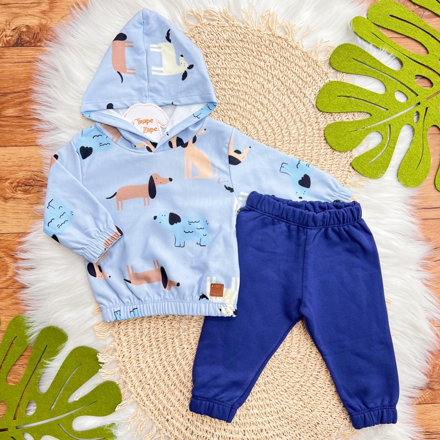 Conj. Blusão Manga Longa com Capuz Dogs e Calça de Moletom - Azul 